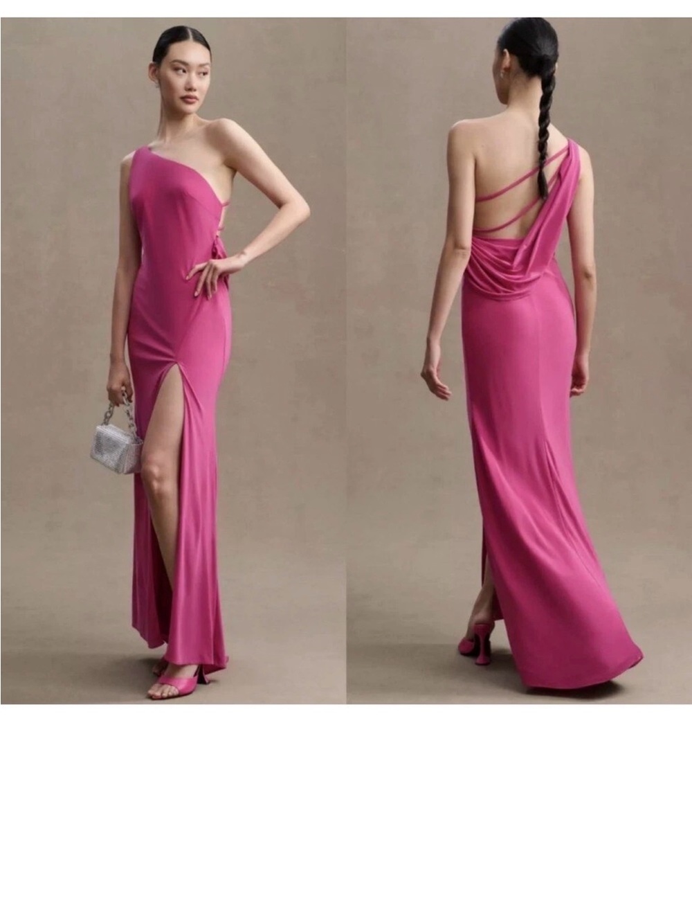 NWT- IEENA for Mac Duggal | Candy Pink One-Shoulder Drape-Back Jersey Gown